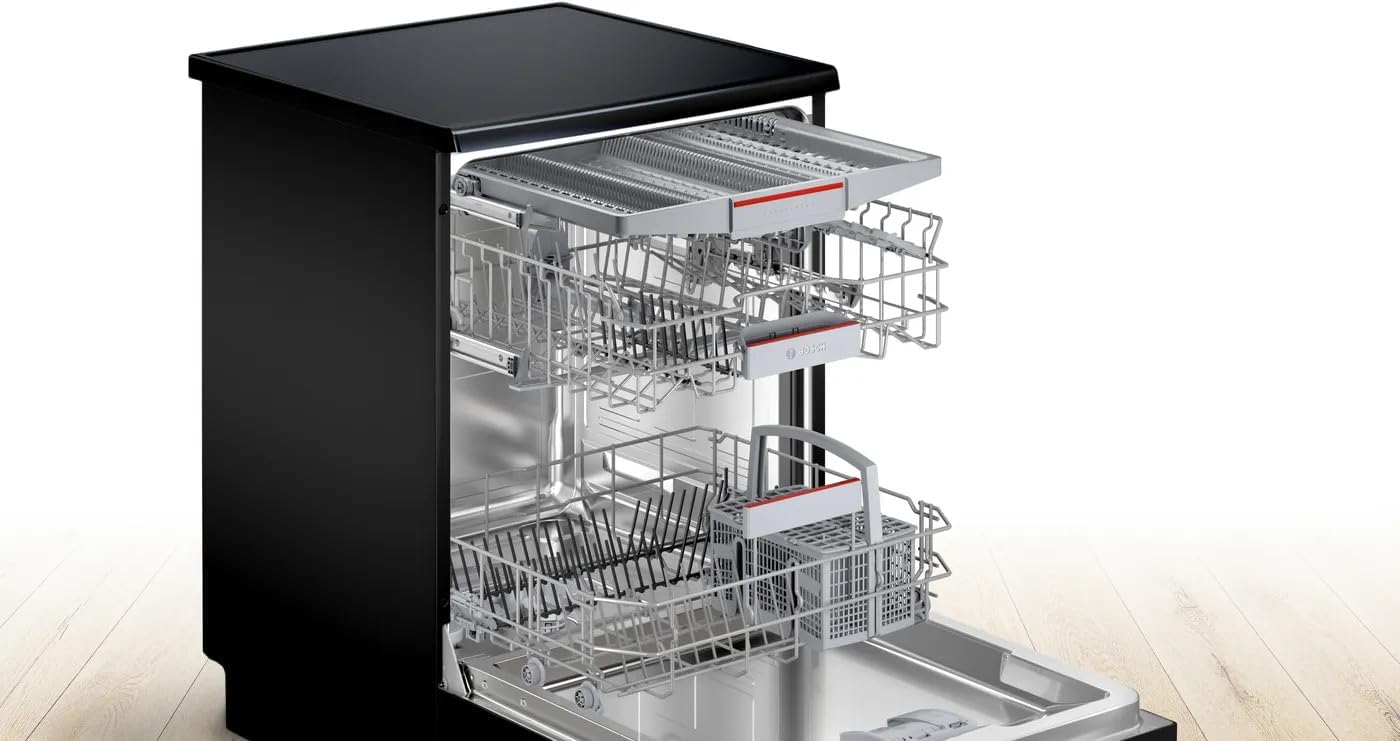 Dishwasher interior with racks pulled out