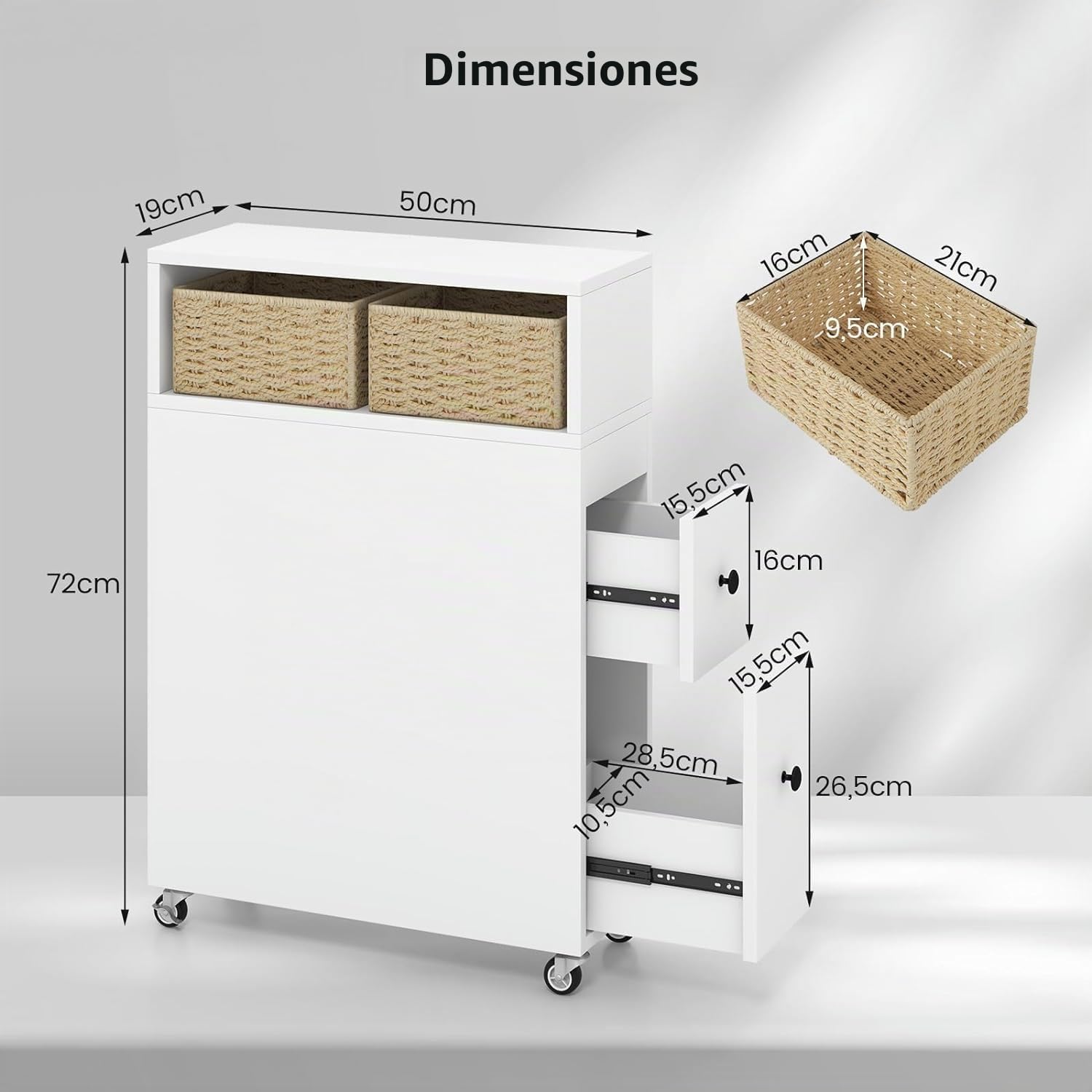 FANTASK Carrito nicho con Ruedas, 50 x 19 x 72 cm, cajones de Mimbre y portaescobillas, Armario Estrecho para baño, Color Blanco