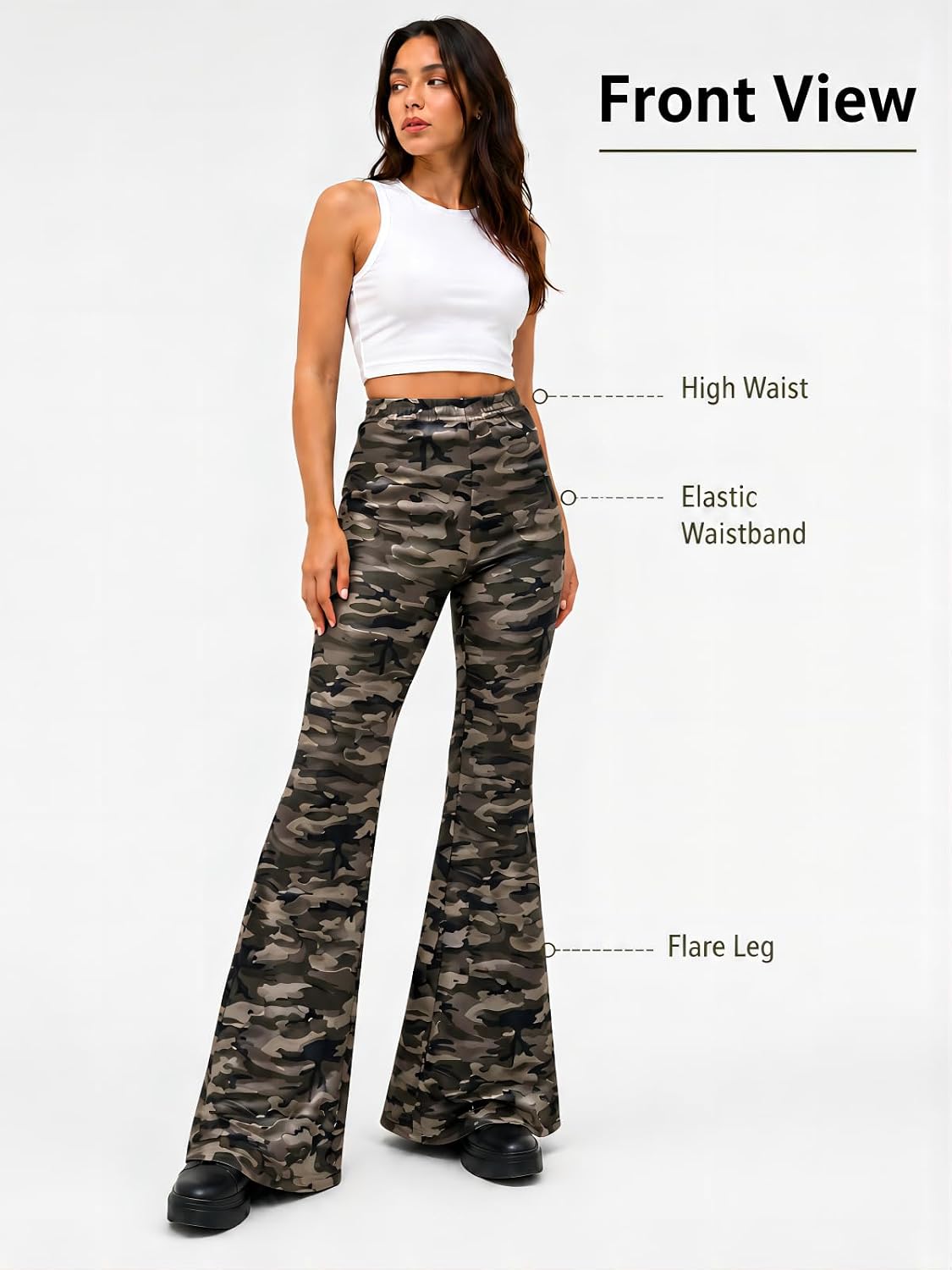 Women's Camo Flare Pants High Waisted Stretch Bell Bottom Pants, Elastic Waist Camouflage Lounge Pants