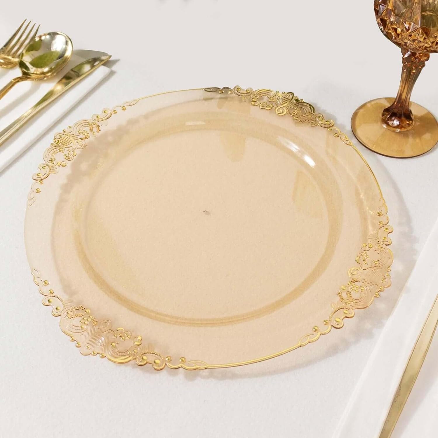 10" Dinner Plates -Set of 30 - Plastic Transparent Gold Round Baroque Disposable Chargers Leaf Embossed Rim, Ideal for Dinner Party Wedding Bulk Events
