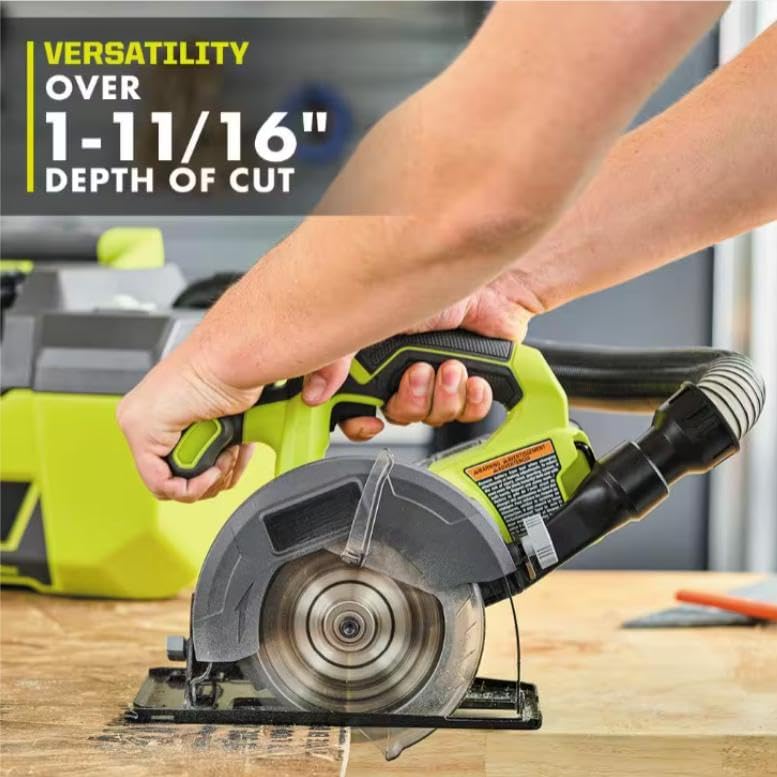 User operating the CUSHYBITE circular saw, showing its 1-11/16 inch depth of cut capability.