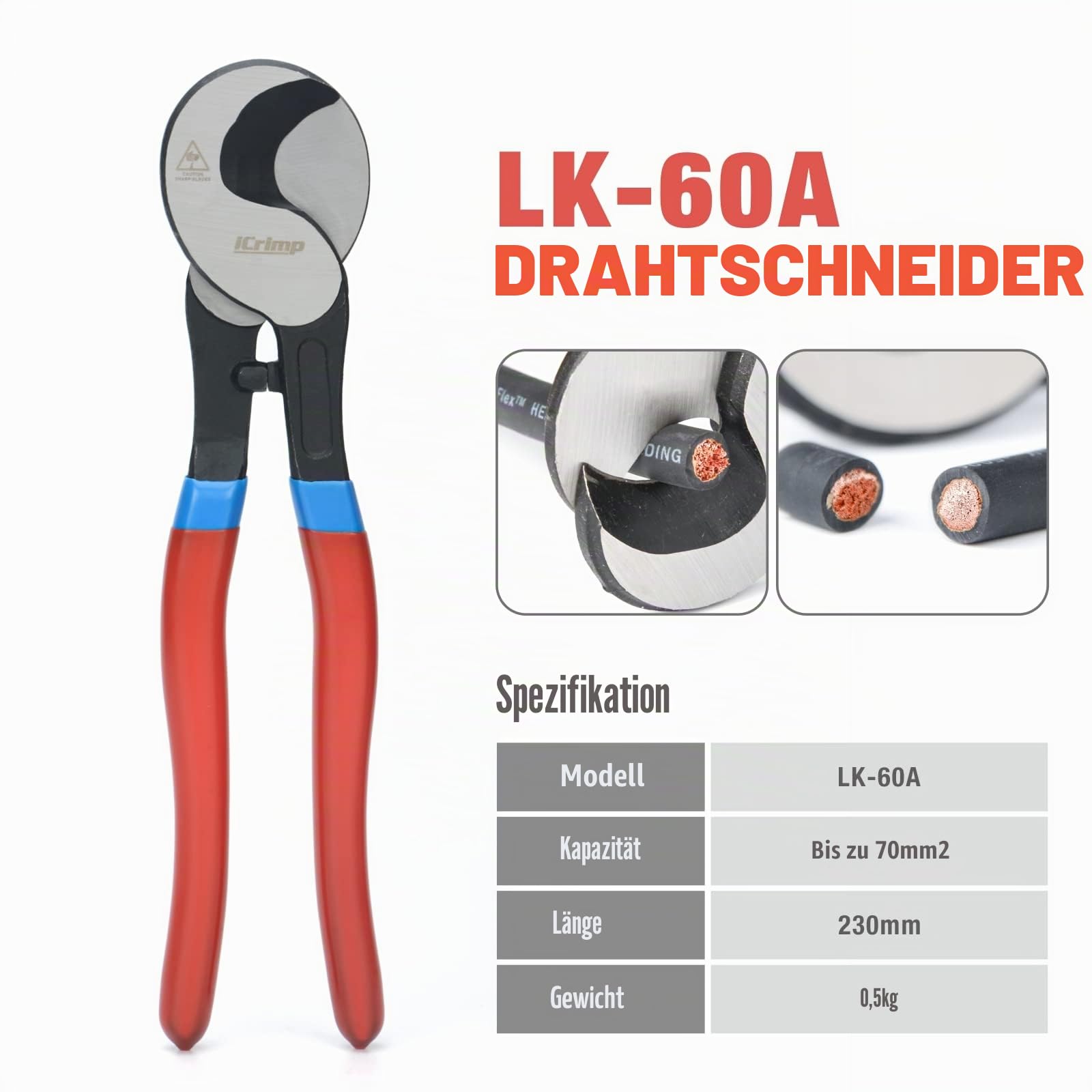 iCrimp Batteriekabelschuh Crimpzange, Kabelschuhzange für Robuste Kupferschuhe und Flachstecker, Erdungslug Krimpzange von 6-50 mm² mit Drahtschneider