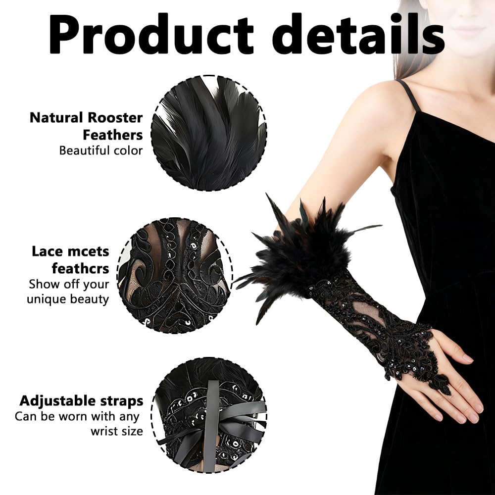 ZSUIQIN 1 Pair Feather Wrist Cuffs,Feather Gloves,Long Lace Fingerless Gloves,Suitable for Bonfire Nights Celebrations - Image 4