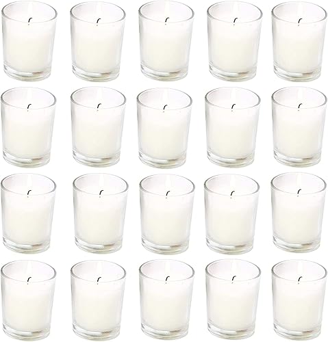 Paquete de 20 velas votivas rellenas de vidrio transparente sin perfume de color blanco cálido. Vela de cera vertida a mano, regalo ideal para