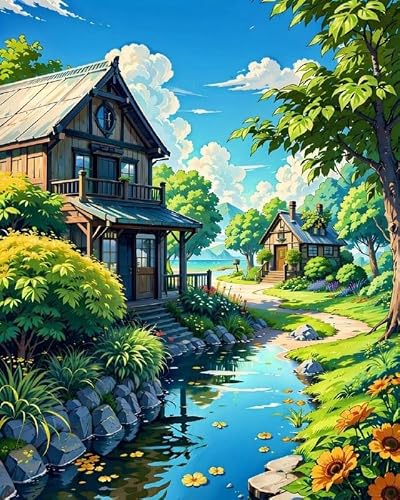 TULIP N TURTLE River Side Diy Acrylic Paint By Number Kit For Beginner Number Painting Kit Diy Canvas Painting By Number Wall Decoration Diy Painting Kit ,Multi-Coloured