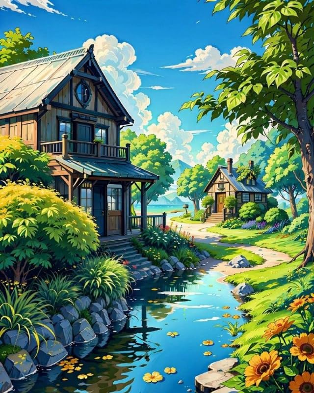 Image of TULIP N TURTLE River Side Diy Acrylic Paint By Number Kit For Beginner Number Painting Kit Diy Canvas Painting By Number Wall Decoration Diy Painting Kit ,Multi-Coloured