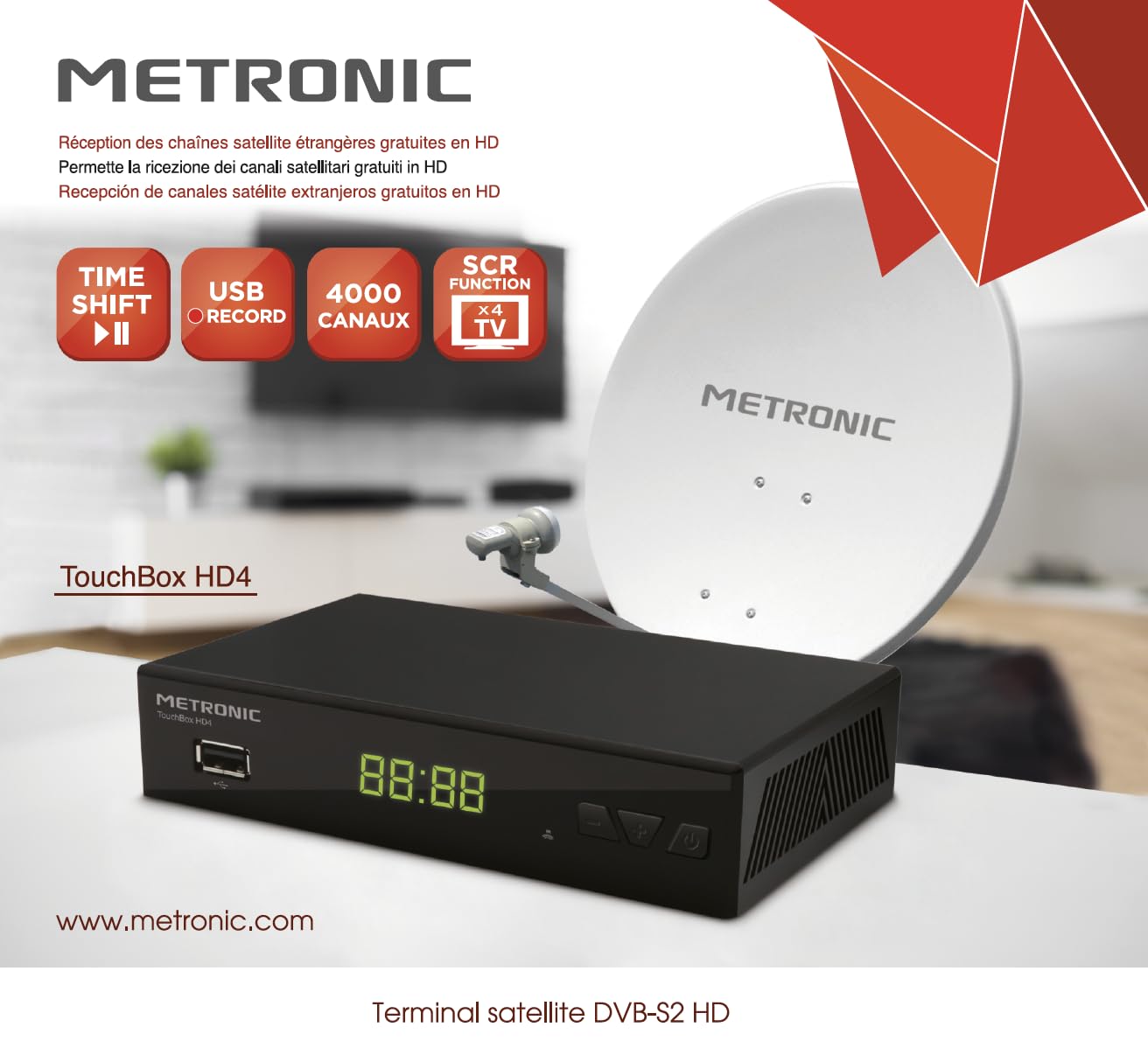 Metronic Décodeur Satellite Numérique TNT HD Touchbox HD4 / chaînes HD gratuites et l’Ensemble des chaînes étrangères gratuites/HDMI Démodulateur, Récepteur, Boitier, Tuner, Enregistreur TV - 441376