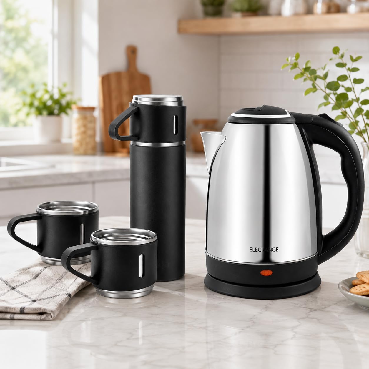 3-in-1 Stainless Steel Electric Kettle Combo Set, 1.8L 1500W Kettle, 500ML Bottle & 3 Coffee Mugs | Premium Tea Coffee Set for Home, Office, Corporate