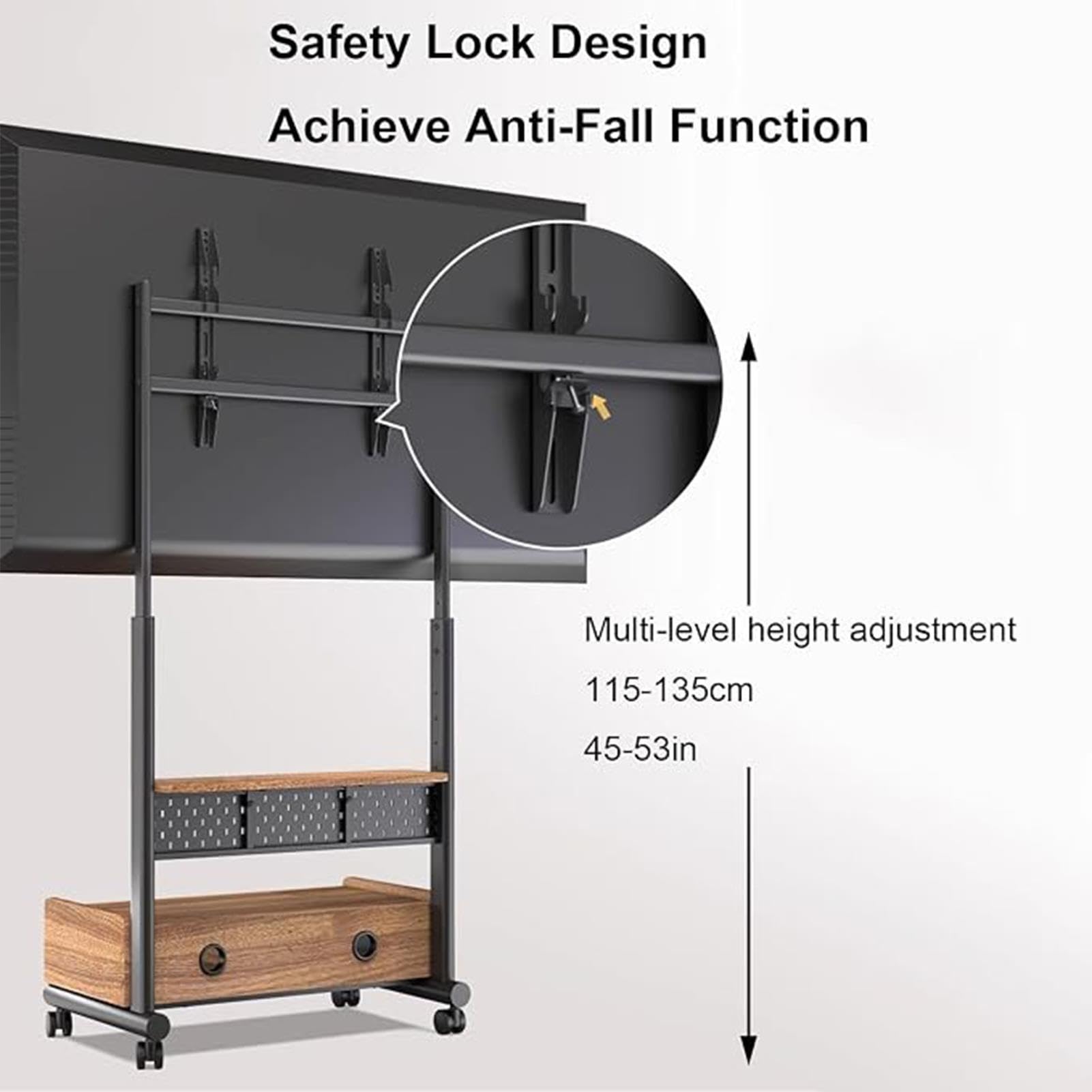 Carrello Porta TV Mobile con Ruote, Supporto da Pavimento per TV LCD, Mobile per La Maggior Parte dei Televisori da 40-85 Pollici Fino A 130 Libbre, Ruote Silenziose, Altezza Regolabile