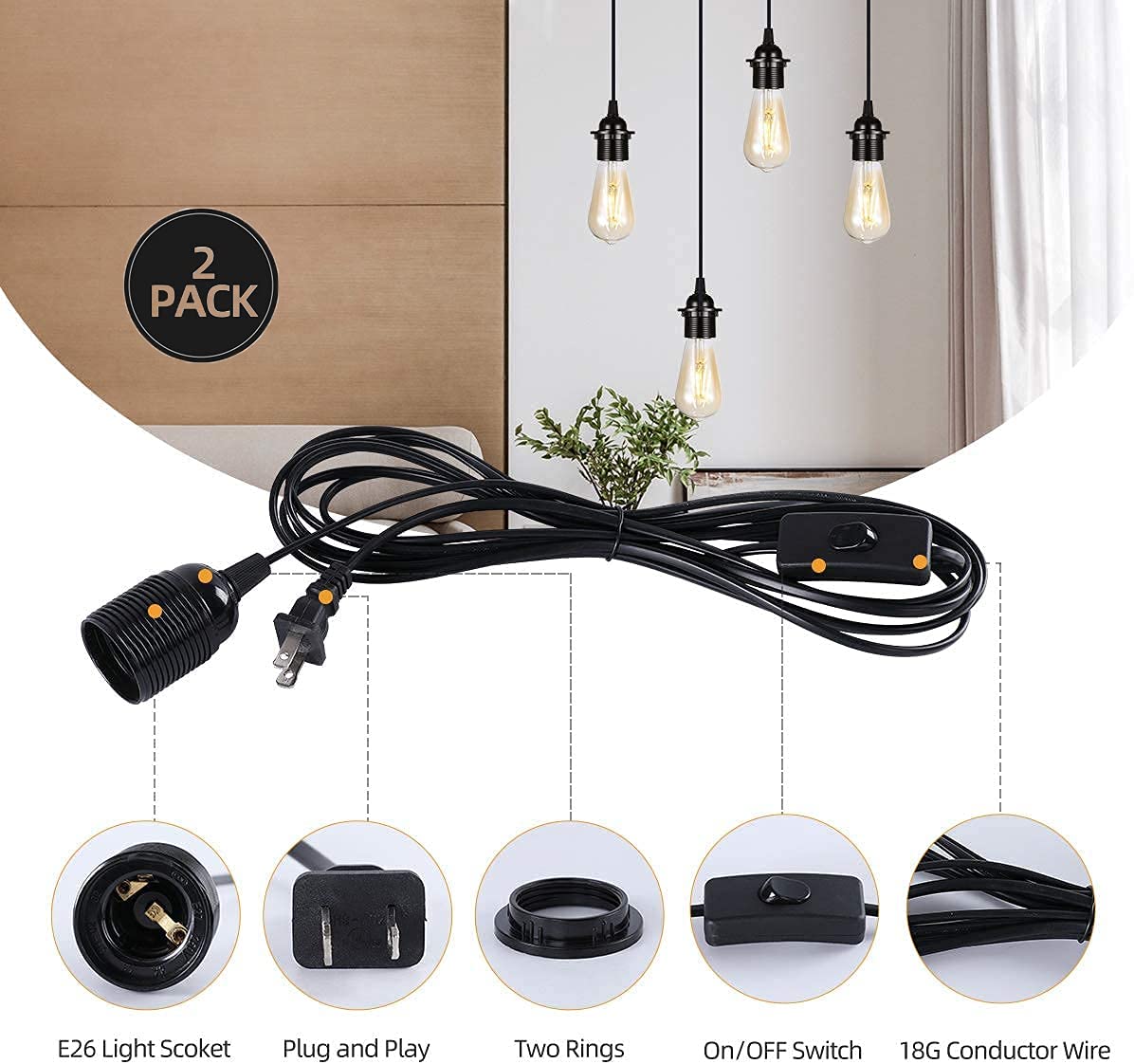 2-Pack HUIBONA Plug-in Pendant Light, 15FT Vintage Hanging Lantern Cord E26/E27 Socket, Black Kit With In-Line On/Off Switch and Lampshade Ring