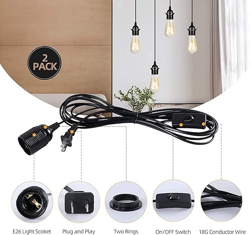 Miniatura 2 de Paquete de 2 lámparas colgantes HUIBONA enchufables, cable de linterna colgante vintage de 15 pies, enchufe E26/E27, kit negro con interruptor de