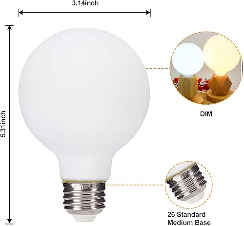 Miniatura 2 de truestory Bombilla globo G25(G80), paquete de 6 unidades, blanco cálido, blanco cálido 2700K CRI 90, 5 W equivalente a 50 W, base regulable 450 lm