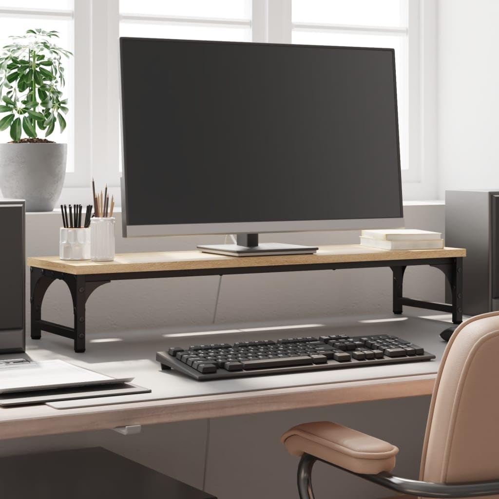 Supporto per monitor in rovere Sonoma, in legno e metallo, 85 x 23 x 15,5 cm, supporto per monitor e laptop, ufficio, home office, gaming, postazione di lavoro con ripiano