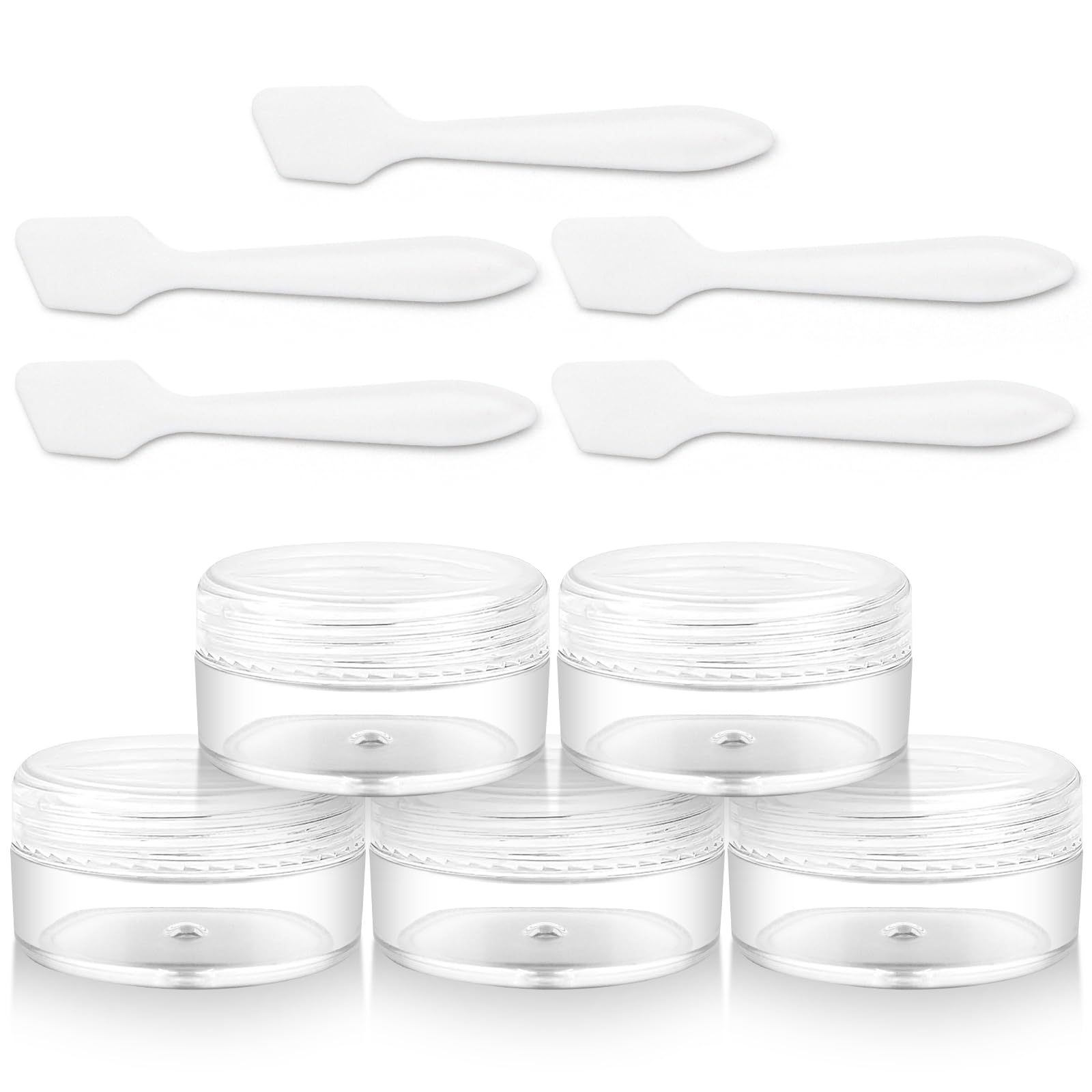 Empty Sample Pots, 5 Pcs Plastic Cosmetic Jars, 10ml Containers Pots Bottles with Screw Lids and 5pcs Spatulas, Mini Travel Pots for Make-Up, Face Creams, Lotion, Sample (Transparent)