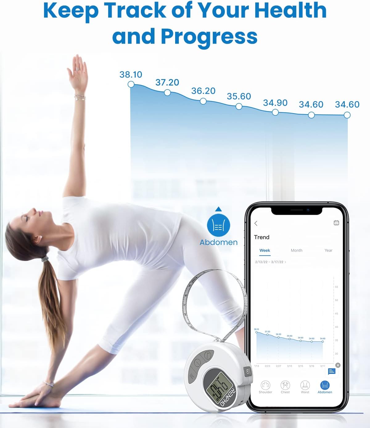 RENPHO Smart Bathroom Scale, Bluetooth Body Fat Monitor Weight Scale, Smart Bluetooth Digital Measuring Tape with Lock Hook, Retractable Function : Health & Household