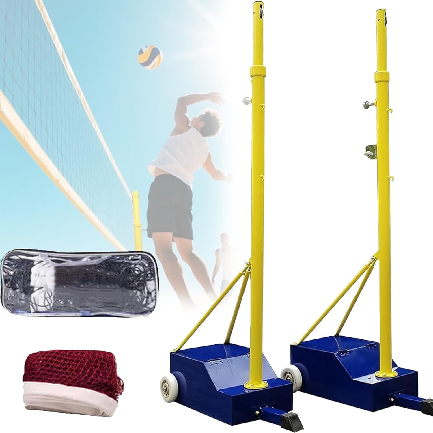 Volleyball/Badminton Poles for Backyard, Adjustable Height Indoors Volleyball Poles with Wheel Box Type net, Portable Badminton Net Set, for Adult Kids School