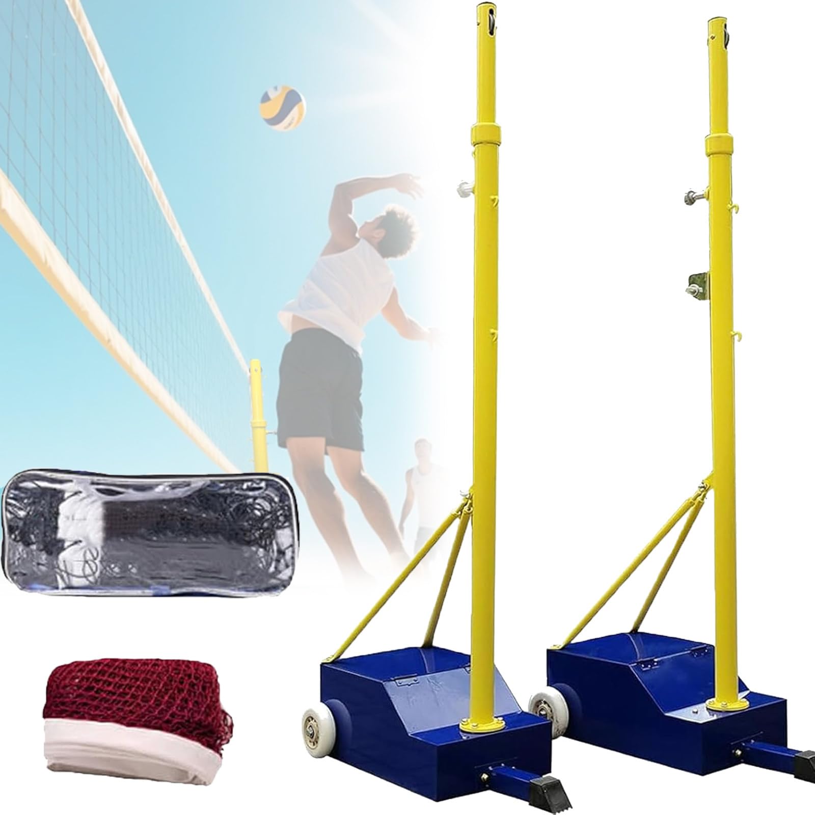 PtaTritious Volleyball/Badminton Poles for Backyard, Adjustable Height Indoors Volleyball Poles with wheel box type net, Portable Badminton Net Set, for Adult Kids School