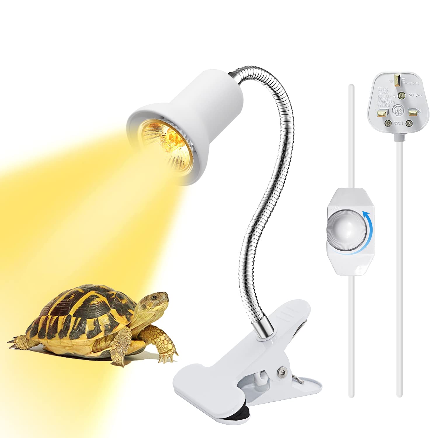 Tortoise Basking Clamp Lamp with 360° Adjustable Gooseneck, Reptile Heat Lamp with Dimmer Switch, E27 Ceramic Bulb Holder Metal Clip Light for Turtle Lizard Chameleon Terrarium (White, No Bulb)