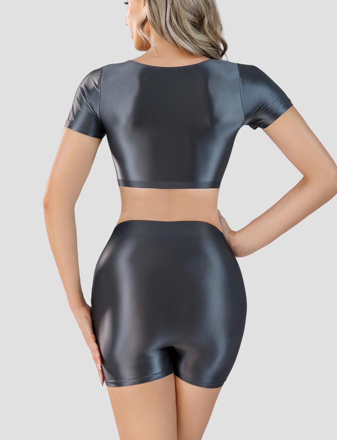 FEOYA Women’s Shiny 2 Piece Outfits Sheer Glossy Crop Top and Shorts Metallic Set for Club Rave Party
