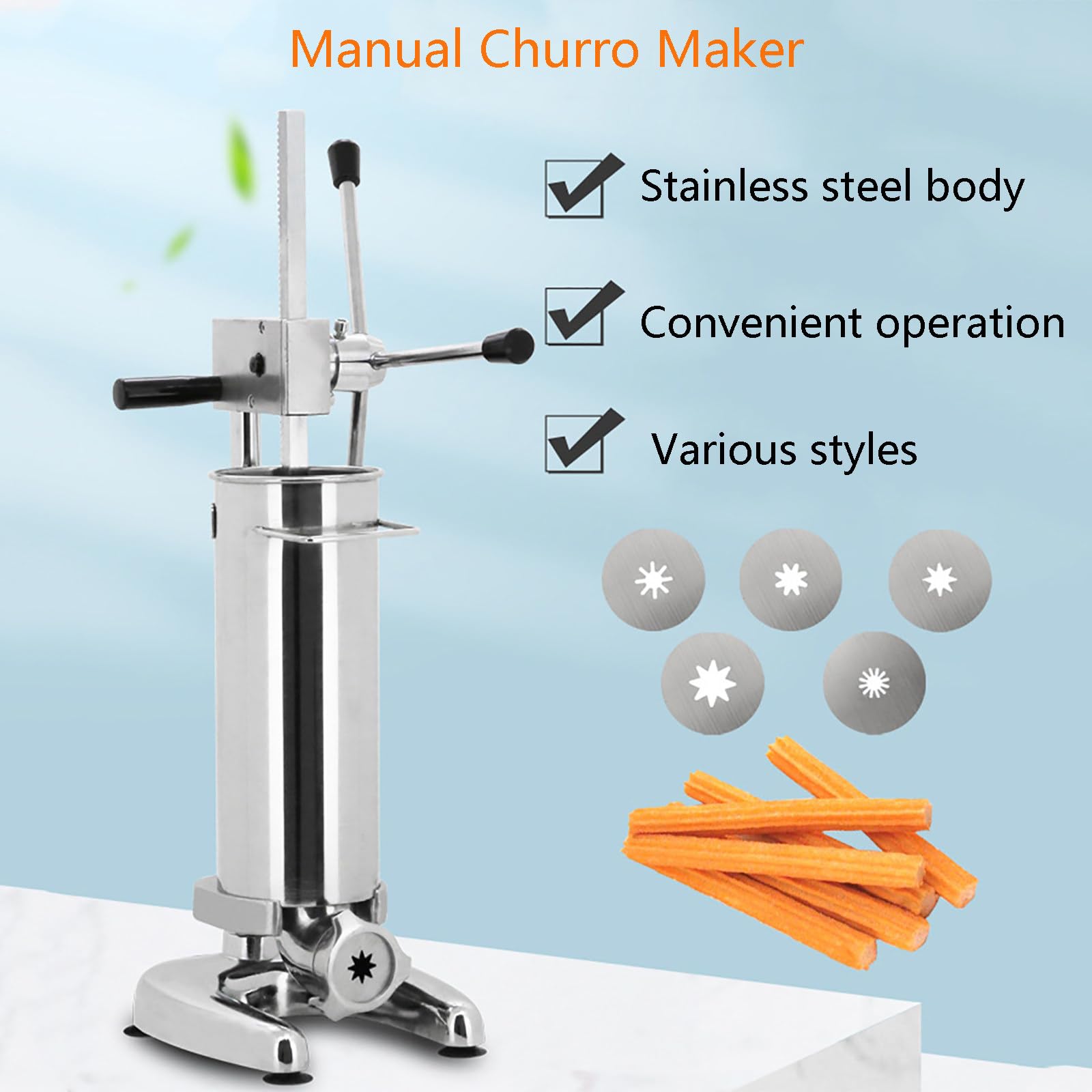 Churrera Manual Comercial, Churrera Española de Acero Inoxidable con 5 Moldes, Máquina para Hacer Rosquillas de Frutas Latinas, Embutidora Manual para Restaurantes y Panaderías.,2L