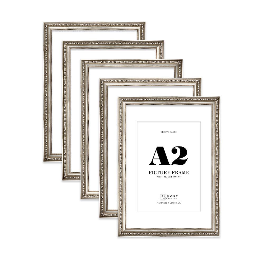 Silver Ornate Picture Frame A2 With A3 Mount for Photos - Wall Display, Landscape or Portrait, 5 Pack