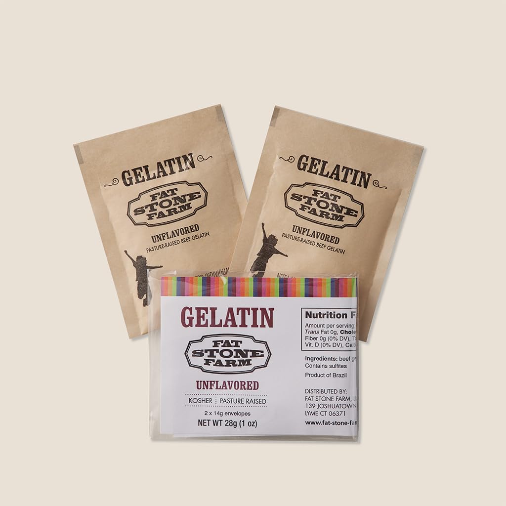 Fat Stone Farm Kosher Beef Gelatin Powder (Unflavored) - - 2 x Single Serving ½ oz Paper Packets (NEW)