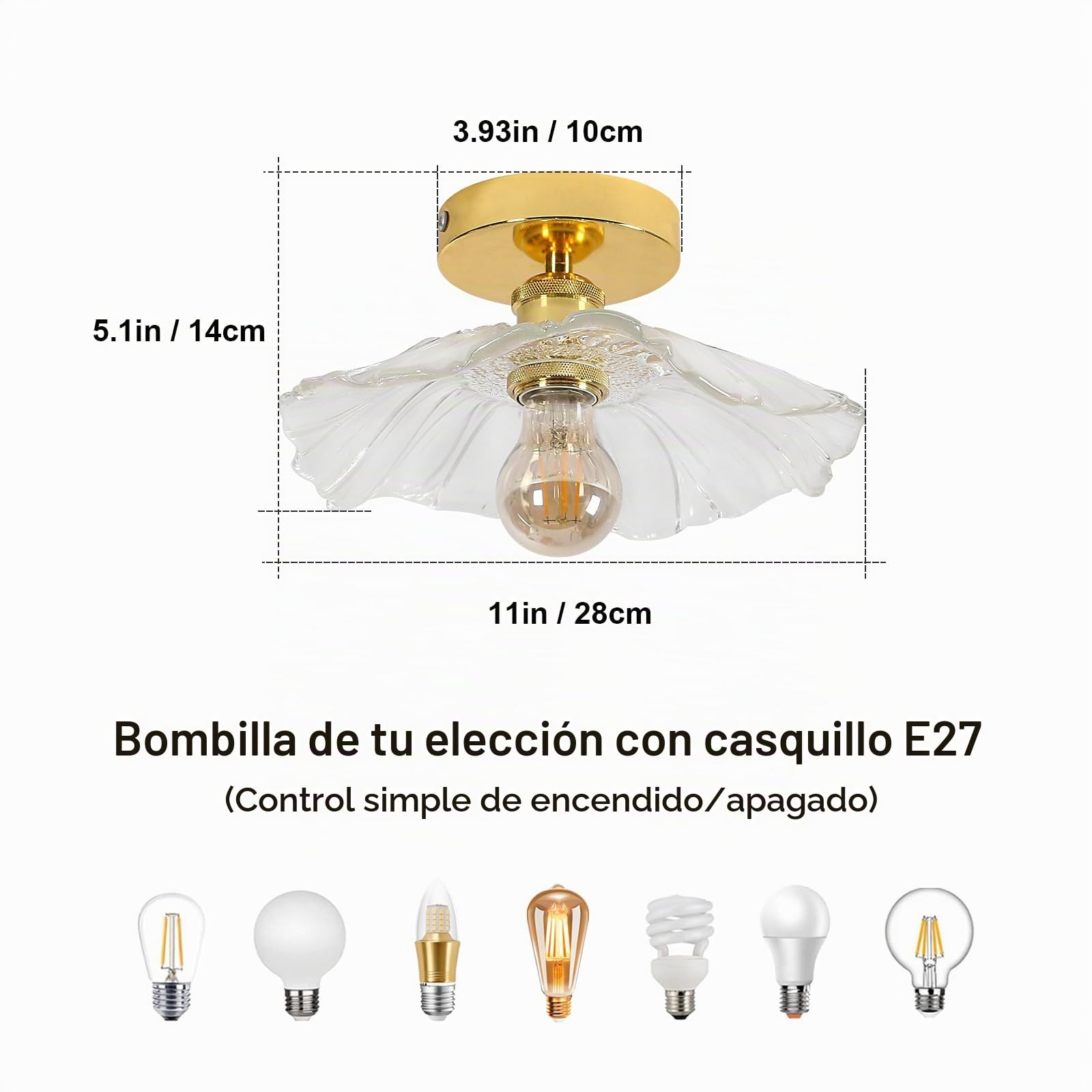 Comely Lámpara de Techo Dorada E27 – Diseño Flor Dorada de Cristal Transparente – Plafón de Techo para Pasillo, Dormitorio o Salón (Bombilla no incluida)