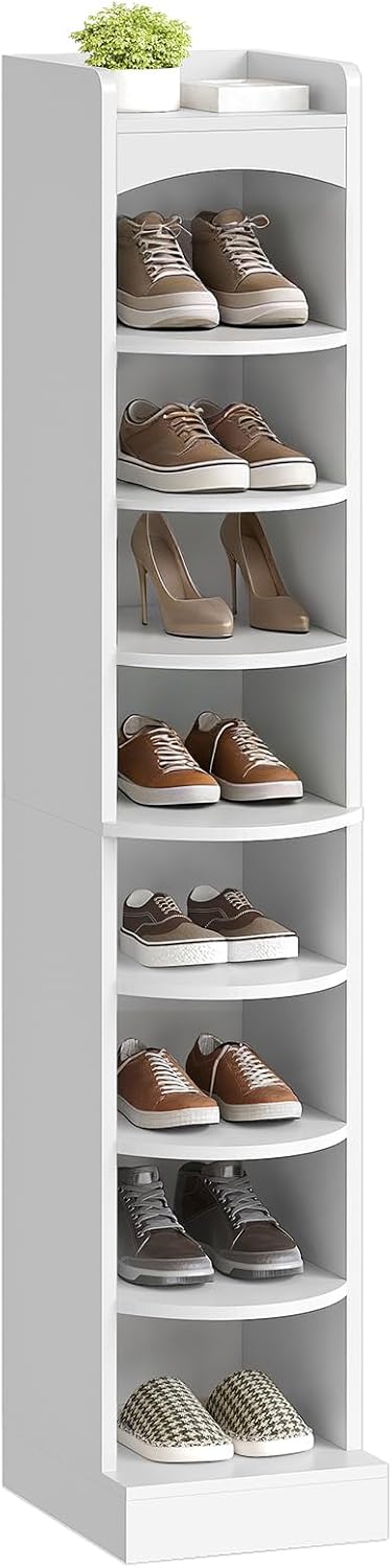 9-Tier Tall Shoe Rack, Wooden Shoe Storage Organizer, Narrow Shoe Cabinet with Removable Shelves for Small Spaces, Holds 9 Pairs of Shoes, for Entrance, Hallway, White SS02WT