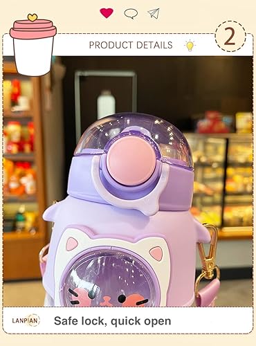 Miniatura 4 de JHTPSLR Botella de agua Kawaii con popote de silicona y correa ajustable, calcomanías 3D y parches de animales de dibujos animados, botella de agua