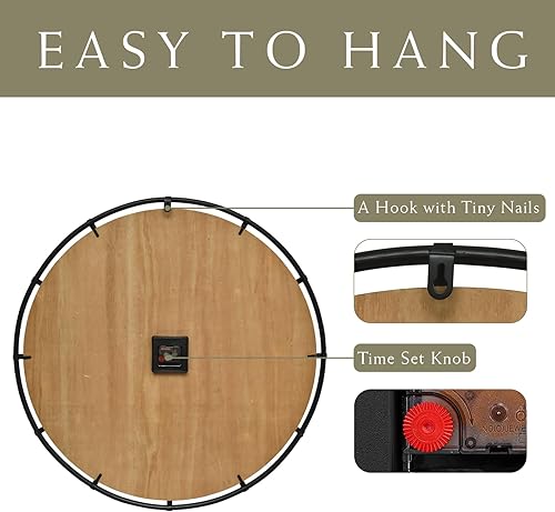 Miniatura 7 de Reloj de pared grande de 30 pulgadas de madera rústica antigua con círculo de metal y números grandes, reloj de pared silencioso a pilas para