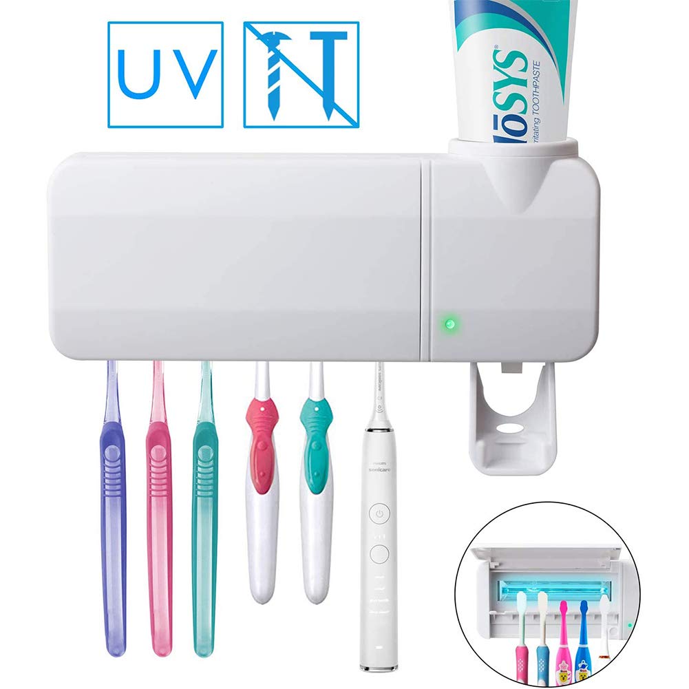 POEO UV Toothbrush Sterilizer Holder, Toothpaste Dispenser, Wall Mounted Toothbrush Holder with 6 Brushes Storage Set, Sticker Free Punching, for Family Bathroom,Built in Battery