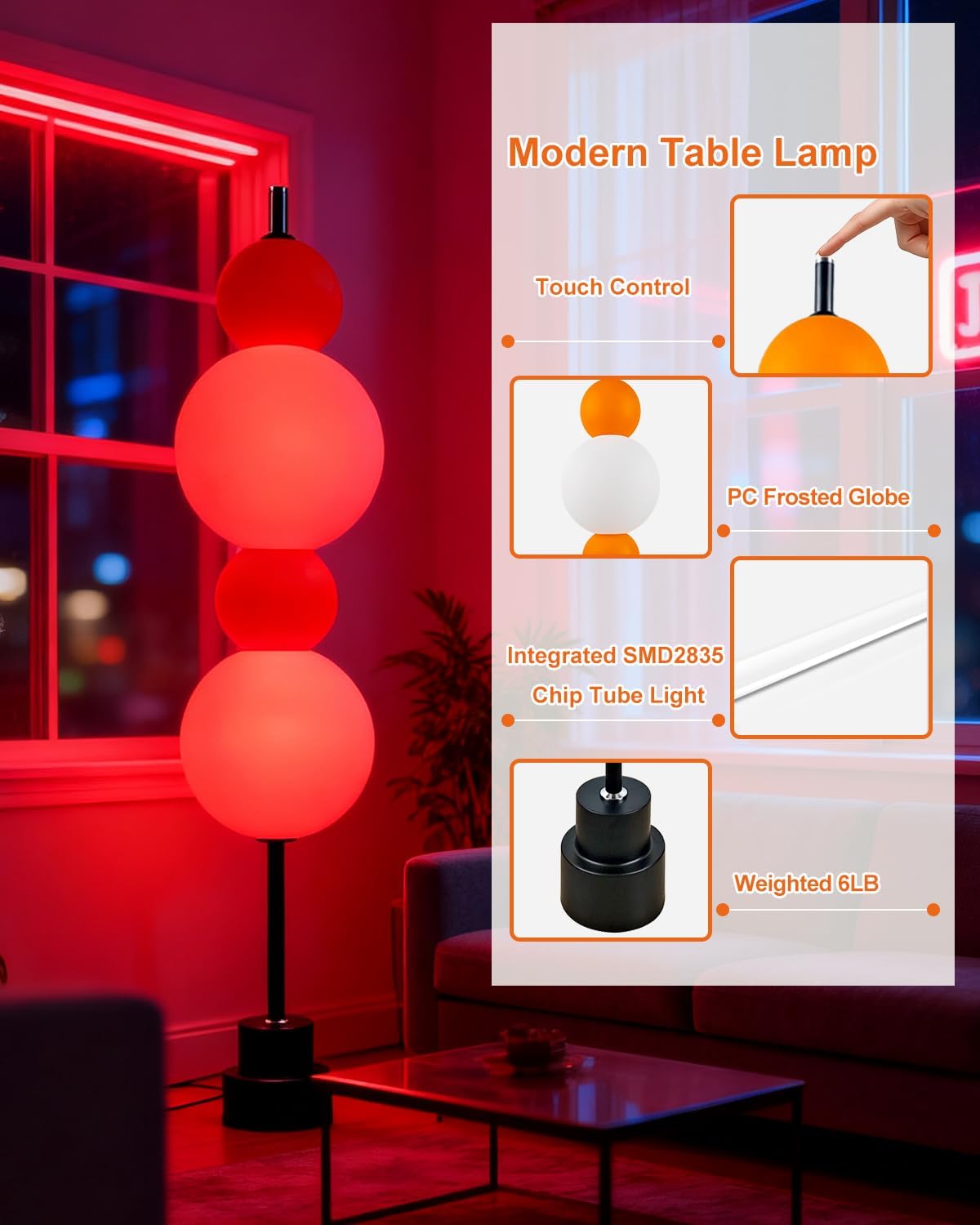 Orange Globe Floor Lamp -RGB& 3000K Dimmable LED, Touch Switch, Modern Tall Standing Lamp for Bedroom, Living Room, Home Office