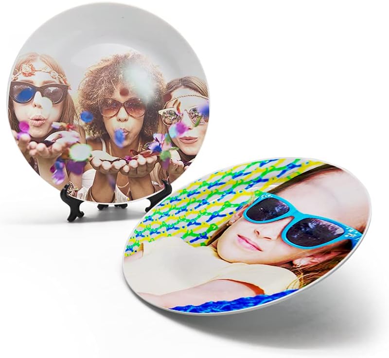 MR.R Sets of 2 Sublimation Blanks White Ceramic Flat Plate with Stand,Porcelain Plates. 8 inch Round Dessert or Salad Plate, Lead-Free, Safe in Microwave, Oven, and Freezer