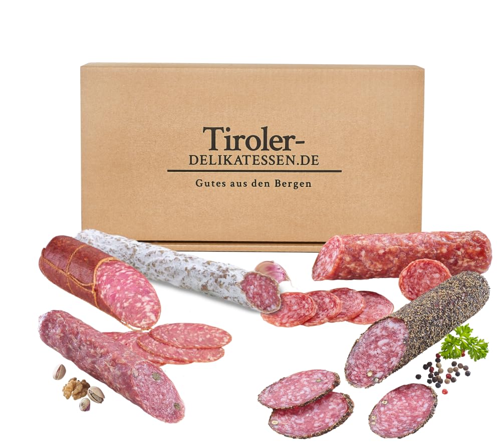 Almgourmet - Geschenkset "Salamifreund" - 1100g Inhalt - 5 würzige Salamisorten aus den Bergen - mit Pfeffer, Kräutern und Knoblauch