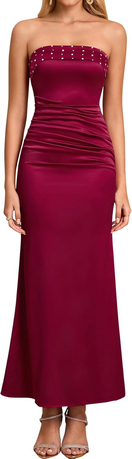Satin Formal Wedding Guest Dresses for Women Strapless Tube Top Bodycon Ruched Mermaid Cocktail Party Maxi Dress
