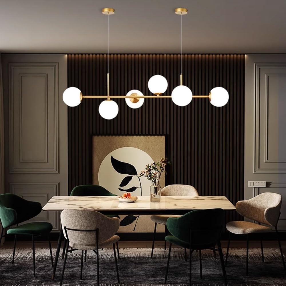 Nordic Modern Gold Linear Long Light Globe Chandelier, E27 Brass Finish Pendant Lighting, with Milky White Glass LampShades Lighting Fixture, for Dining Room Kitchen Island Living Room(146CM)
