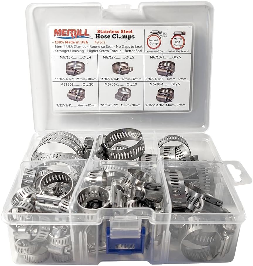 Merrill MFG Hose Clamp Assortment Kit- 49 Pieces Stainless Steel Hose Clamp Adjustable, Worm Gear Metal Fuel Line Clamp for Plumbing, Automotive And Mechanical Applications
