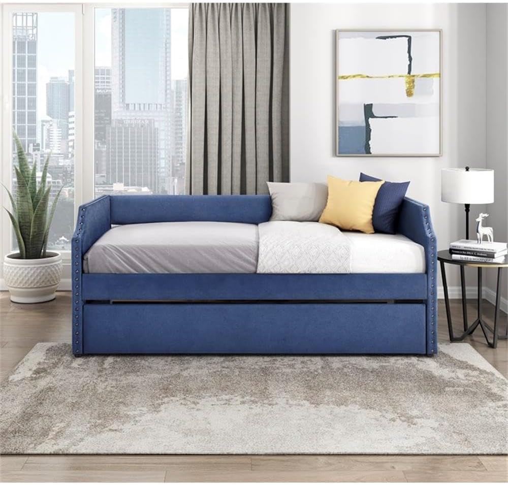 Pemberly Row Textured Fabric Daybed with Trundle, Nailhead Trim, Blue Upholstery, Wood Frame, 76 x 40 x 12 in, Space-Saving Design, Twin Size, Modern Traditional Style for Bedroom or Guest Room