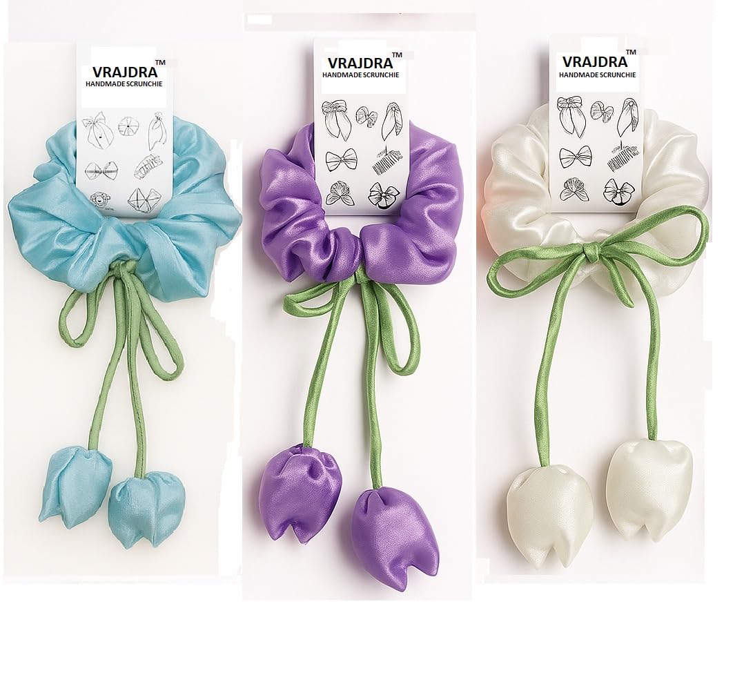 Women Satin Tulip Flower Hair Scrunchie with Long Ribbon Bow – Handmade Elastic Hair Tie Bun Holder for Girls & Women | Cute Floral Ponytail Holder Hair Accessory | Pack of 3 (Blue,Purple,White)-image-30