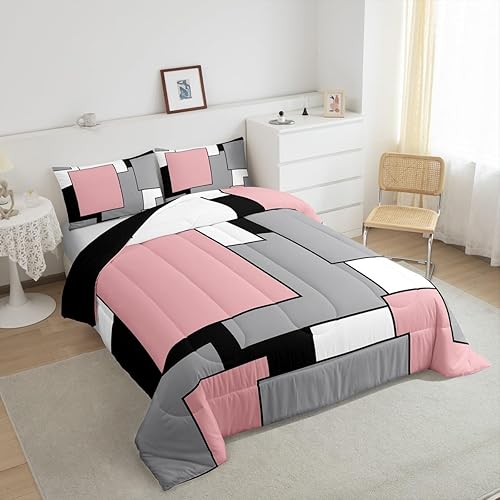 Miniatura 9 de Juego de edredón cuadrado para niños y niñas, juego de ropa de cama azul, gris, blanco y negro, edredón acolchado con estampado moderno y 2 fundas