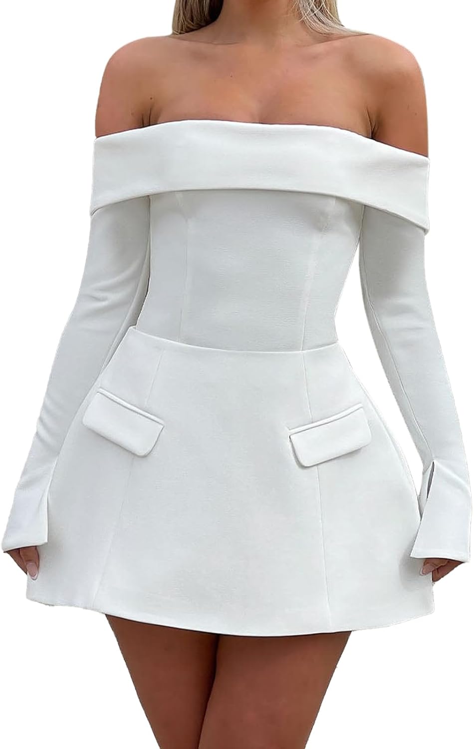 Women Sexy Mini Dress Off Shoulder Long Sleeve A Line Dress Short Formal Dresses Pa...