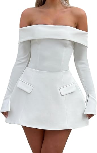 ABYOVRT Women Sexy Mini Dress Off Shoulder Long Sleeve A Line Dress Short Formal Dresses Party Clubwear