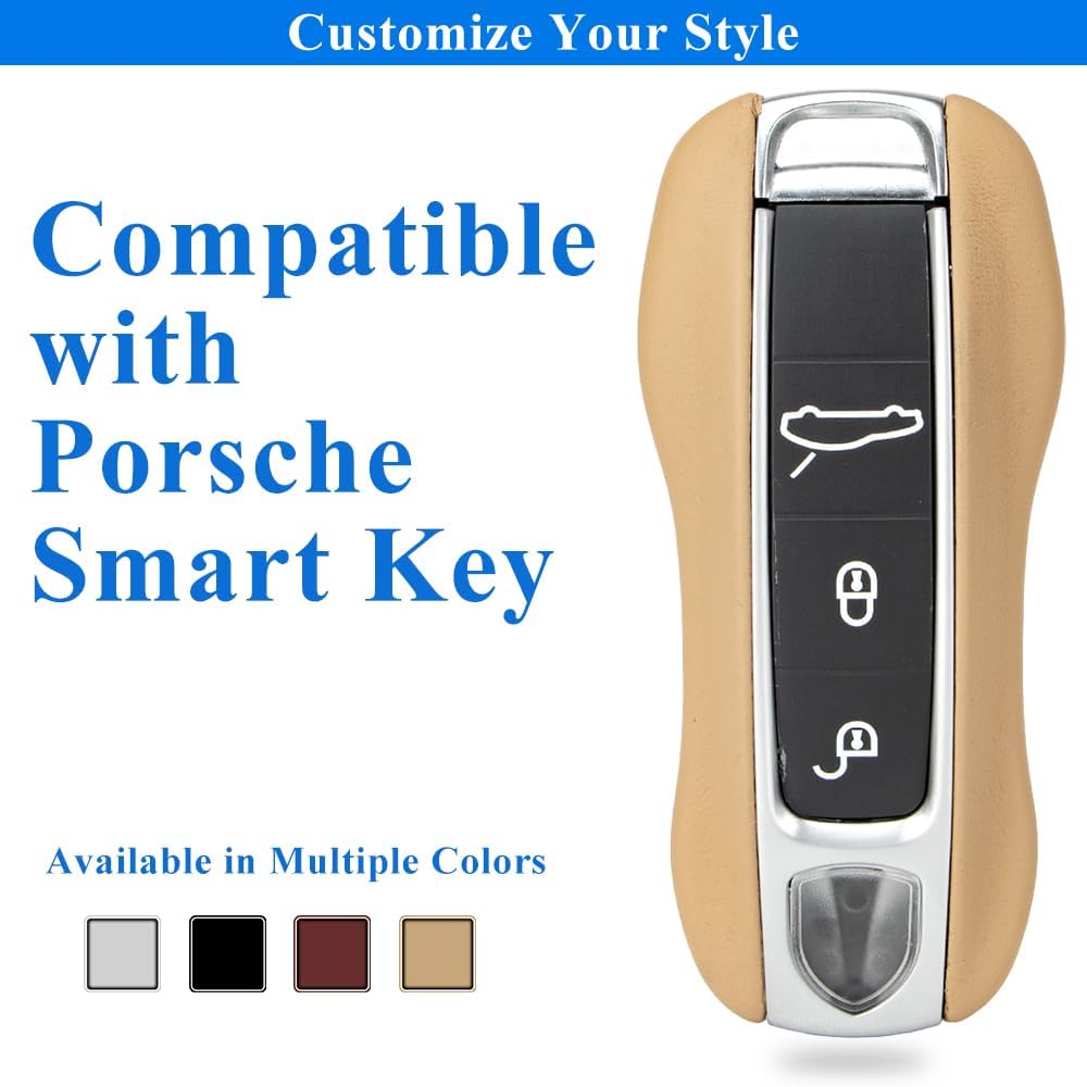 AeroBon 3-Piece Leather Key Fob Shell and Keychain Set Compatible with Porsche Key Fob Replacement (MK2, Beige)