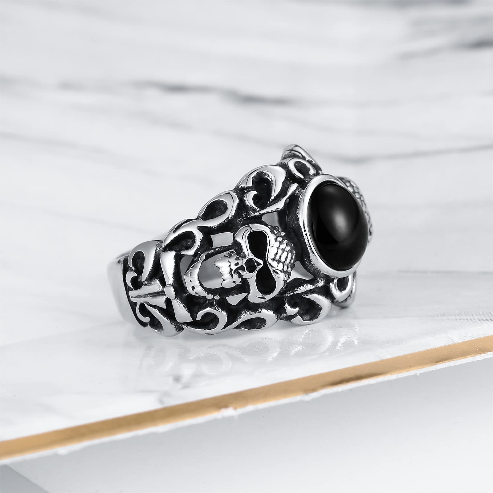 Anello A Fascia Uomo Acciaio Anelli Fidanzamento Uomo Anello Teschio Gotico con Pietra Rotonda Anelli Fidanzamento Marrone/Nero Taglia 15 to 25