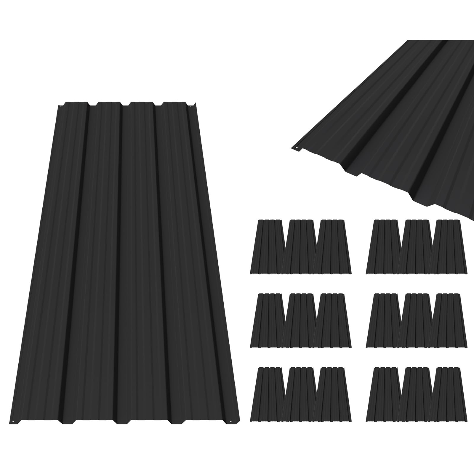 BIRCHTREE 18x Roof Sheets Steel 1290x450mm Corrugated Metal Roofing Panels for Shed Garage Carport Greenhouse, Weather Resistant Roofing Black