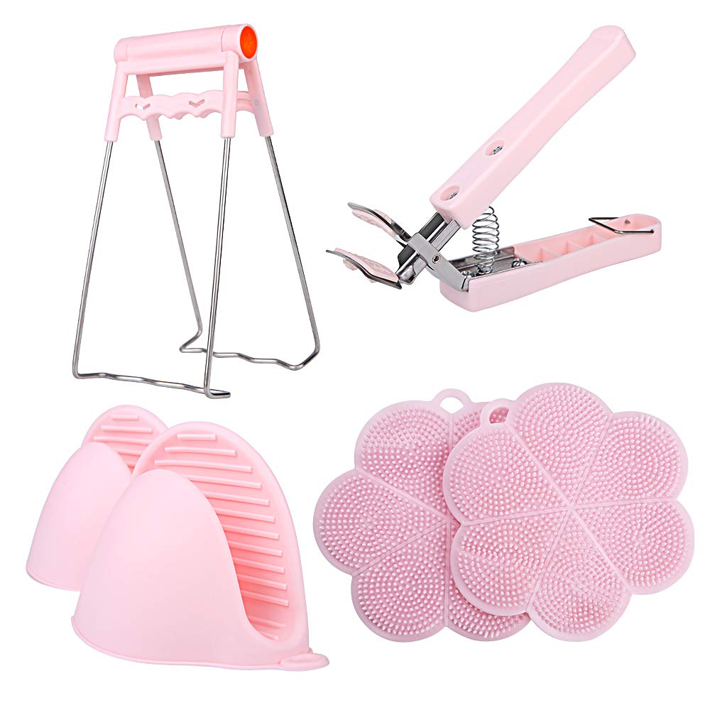 DaiWeierValue 6-PCS set Kitchen Anti-scalding Silicone Heat Insulation Mitts Non-Slip Waterproof Anti-Scald Bowl Clip Anti-Hot Pot Tongs Gripper Pot Holder for BBQ, Cooking & Baking (Lovely pink)