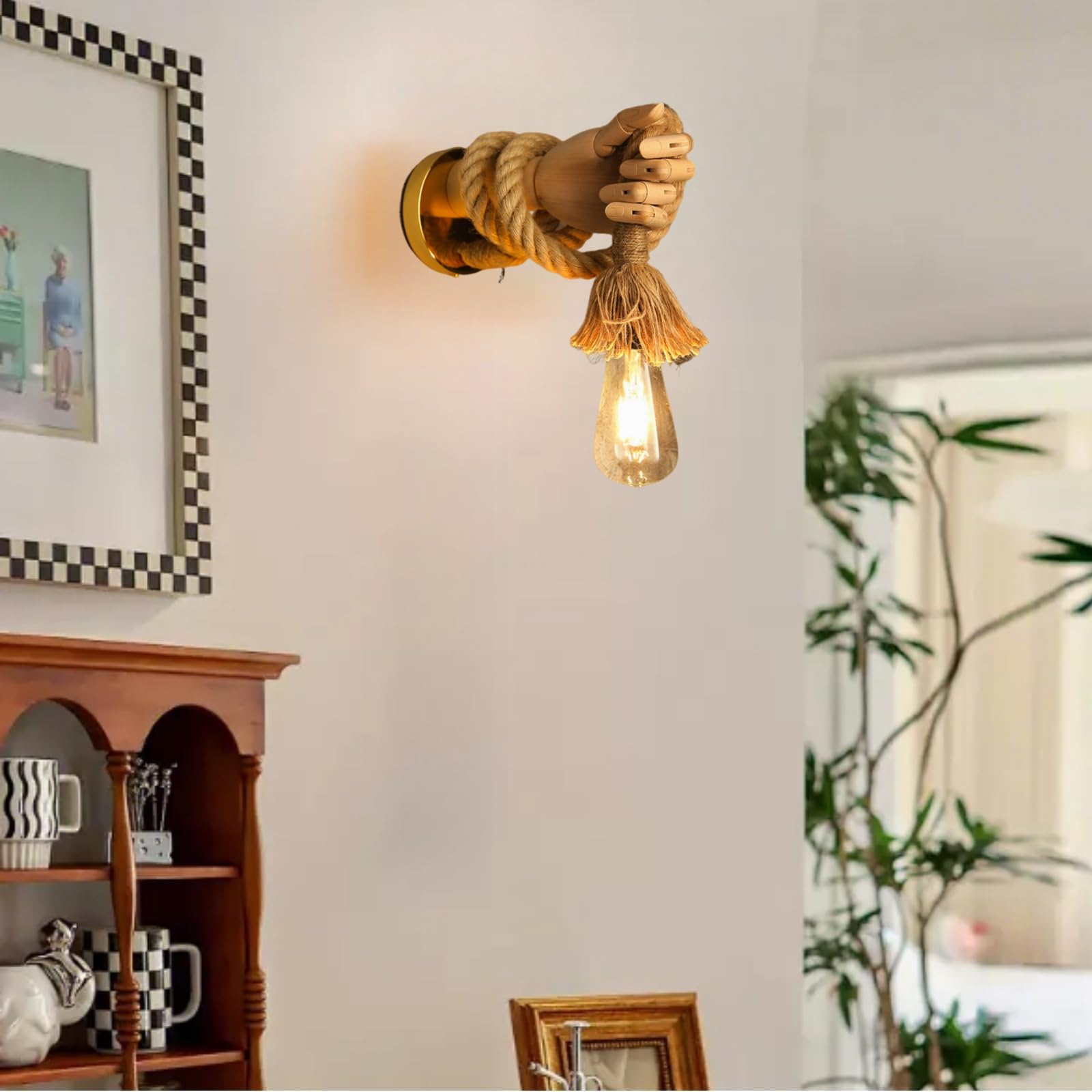 Aplique de Pared de Madera, Lámpara Iluminación en Forma de Mano, E27 Rústico Lampara de Pared Cuerda de Cáñamo para Dormitorio,Salón,Pasillo (Mano Izquierda)