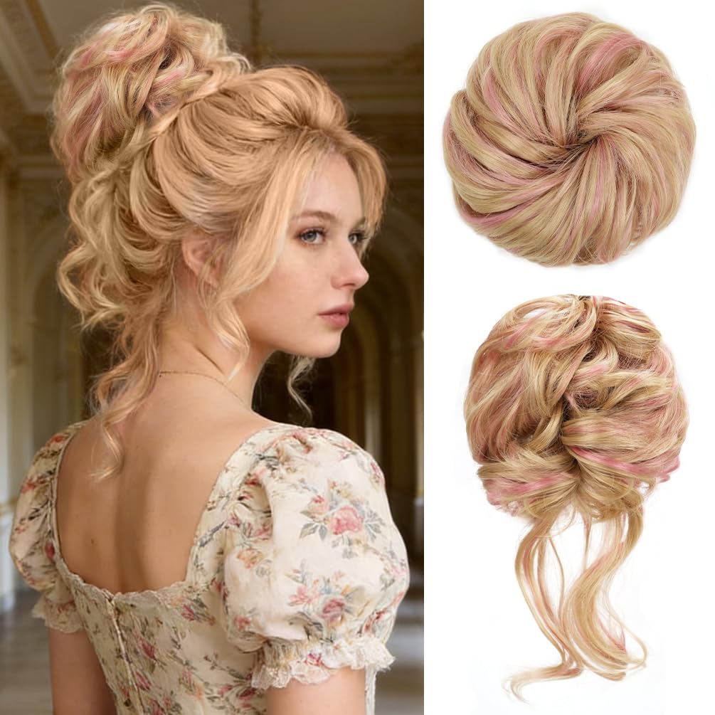 Photo 1 of tonebesift 2Pcs Wavy Curly Messy Bun Soft Synthetic Chignon Scrunchie Bun Hair pieces Updo for Women Easy to Daily Use (Light Brown Highlights Pink)