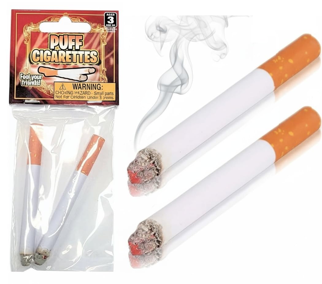 Realistic Looking Fake Stage Puff Cigarettes (3.5") Prop for Prank, Halloween Costume, Movie, or Theater Play Tricky Fun Gag Cool Toy Fancy Dress Looks Lit Up. (4 Cigarettes)