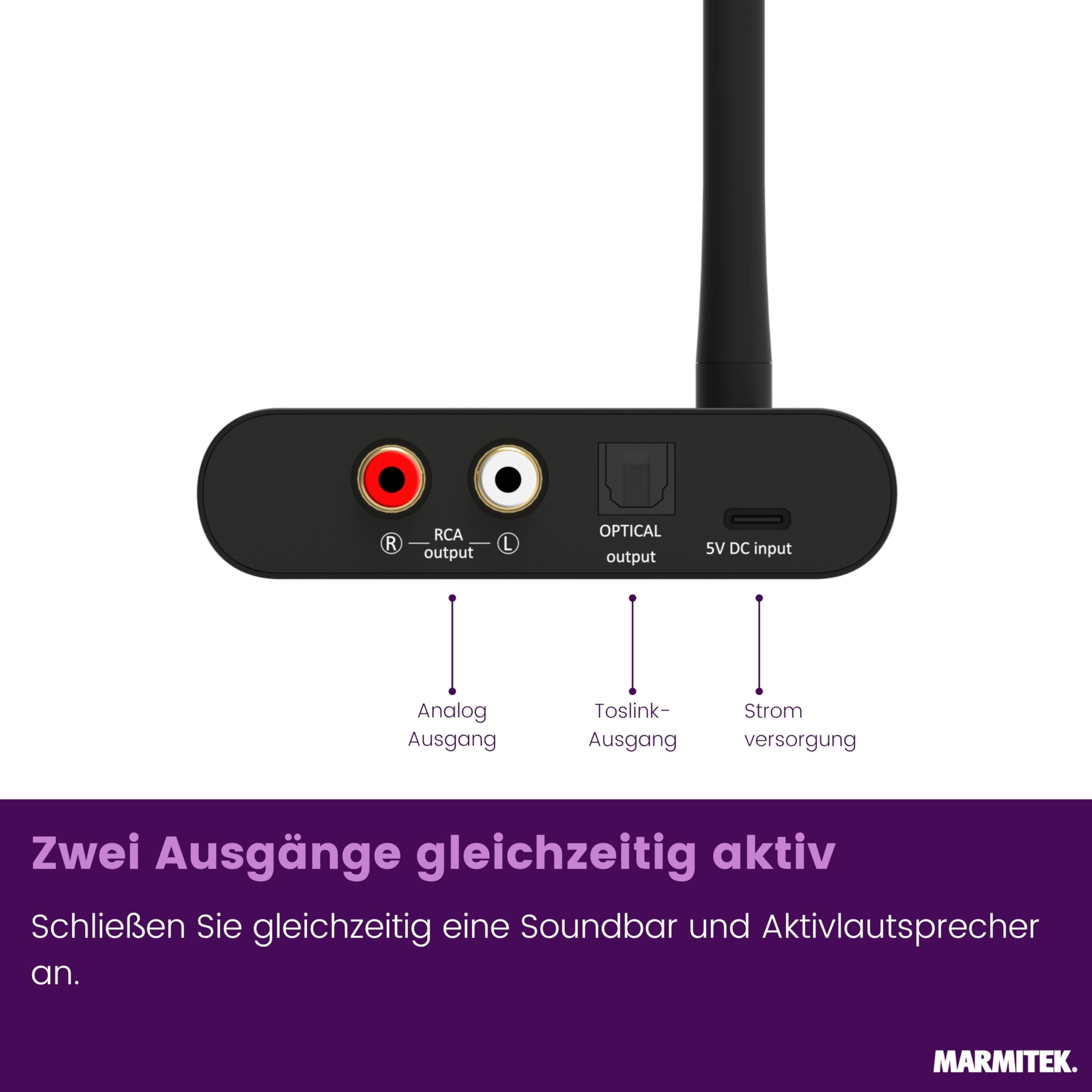 Marmitek Audio Anywhere 730 - Kabelloser Audio Sender für TV HDMI ARC | TV-Ton kabellos an Soundbar, Aktivlautsprecher oder Stereoanlage, optisch, RCA, USB-C, Low Latency und Multiroom